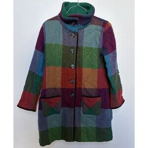 Aran Sweater Market Coat Womens Large Emma Tweed Herringbone Plaid Ireland Wool